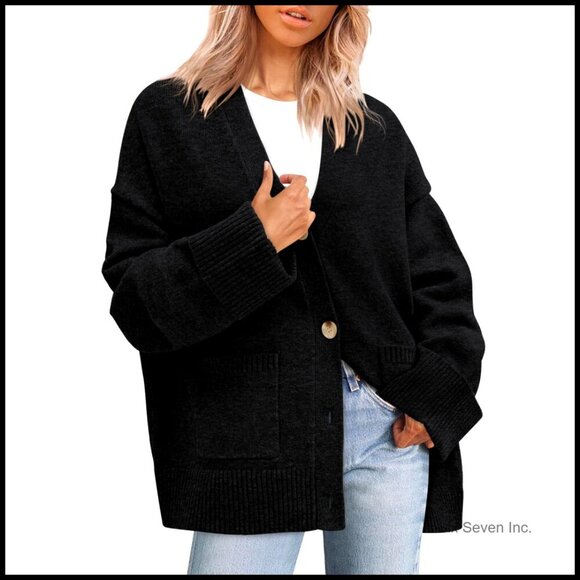 Sweaters - Oversized Chunky Knit Cardigan V Neck Button Down Drop Shoulder Pockets